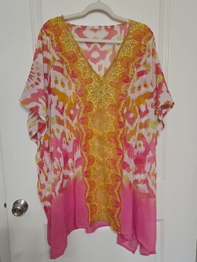 Bright Pink & Yellow V-Neck Embellished Tunic Top